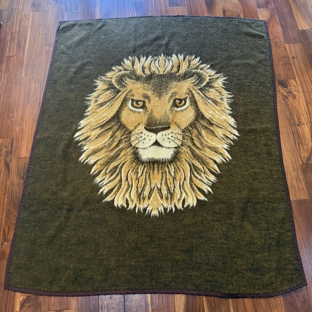Vintage Biederlack Acrylic Blanket Lion Head Design 55” X 68” Throw Reversible